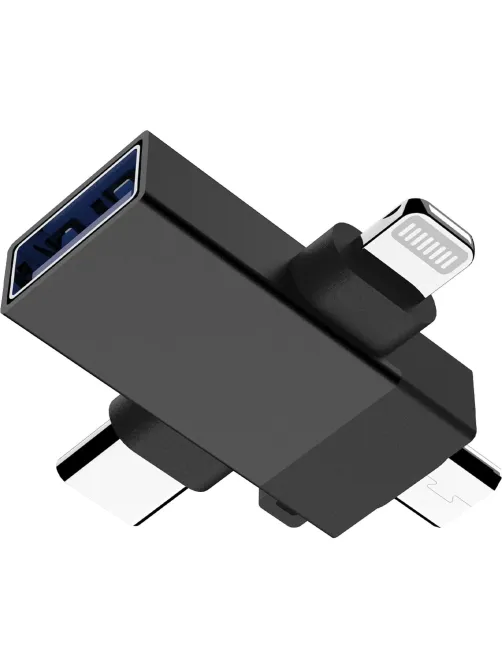 Адаптер PERO AD14 OTG LIGHTNING+USB-C+MICRO-USB TO USB 3.0, черный