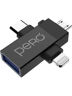 Адаптер PERO AD14 OTG LIGHTNING+USB-C+MICRO-USB TO USB 3.0, черный