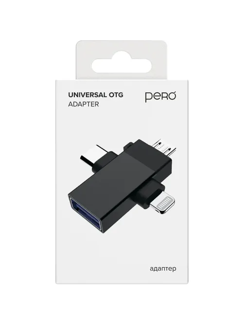 Адаптер PERO AD14 OTG LIGHTNING+USB-C+MICRO-USB TO USB 3.0, черный