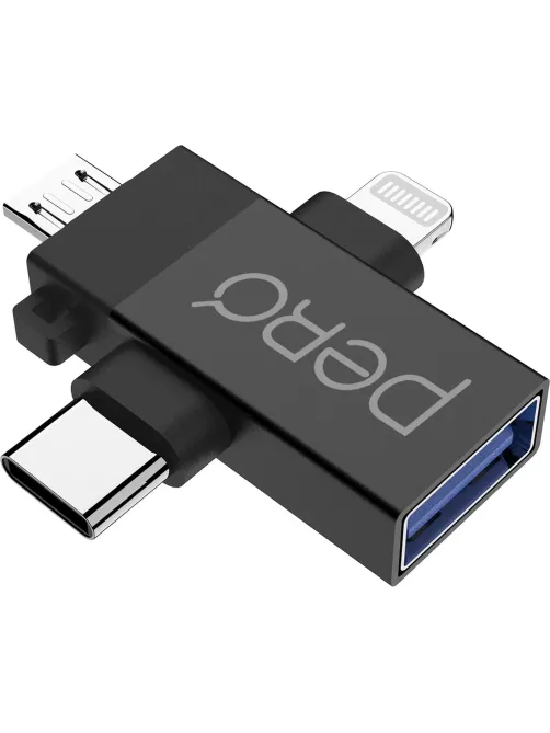 Адаптер PERO AD14 OTG LIGHTNING+USB-C+MICRO-USB TO USB 3.0, черный