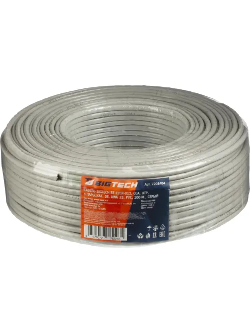 Кабель BigTech BT-CECR-012 CCA UTP 4 пары, кат.5e AWG25 PVC 100м сер