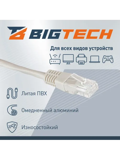 Патч-корд BigTech OPCC002 UTP CCA кат.5e/1м/литой/многожильный (серый)