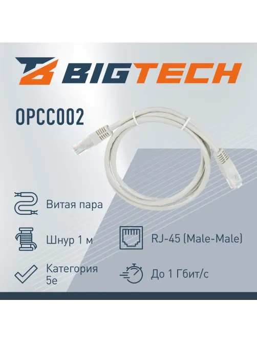 Патч-корд BigTech OPCC002 UTP CCA кат.5e/1м/литой/многожильный (серый)