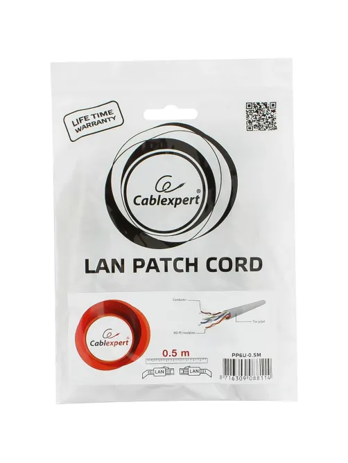 Патч-корд UTP Cablexpert PP6U-0.5M кат.6, 0.5м, серый