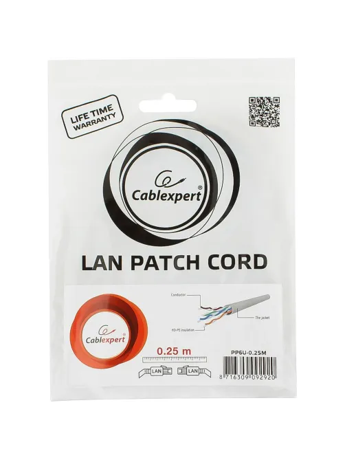 Патч-корд UTP Cablexpert PP6U-0.25M кат.6, 0.25м, серый