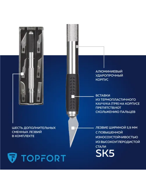Нож макетный Topfort Набор 7поз.:нож мет.+TPR + 6лезв.разн.тип,пласт.бокс