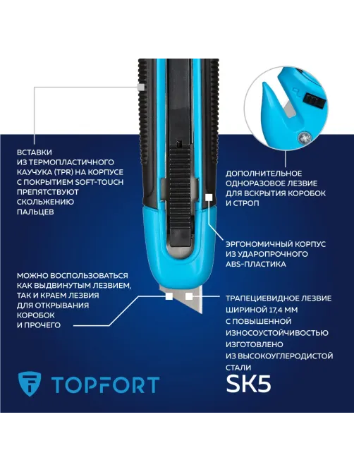 Нож безопасный Topfort 17,4 шир.трапец.+д/вскр.упак.матер,ABS+TPR
