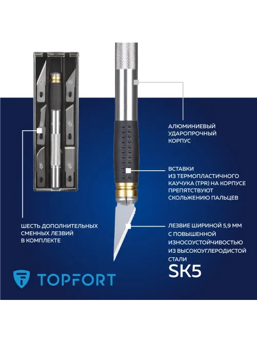 Нож макетный Topfort Набор 7поз:нож мет.+TPR+6 шир.лезв.разн.тип,пласт.бокс