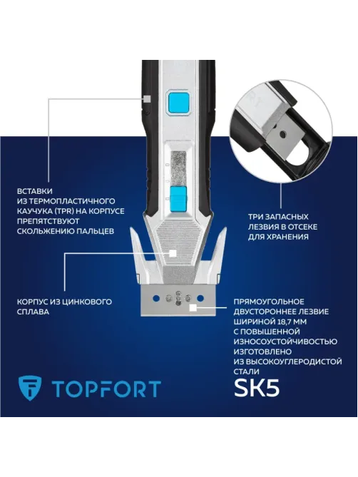 Нож универсальный скребок+д/вскр.упак.матер. Topfort,цинк+TPR,3 зап.лезв