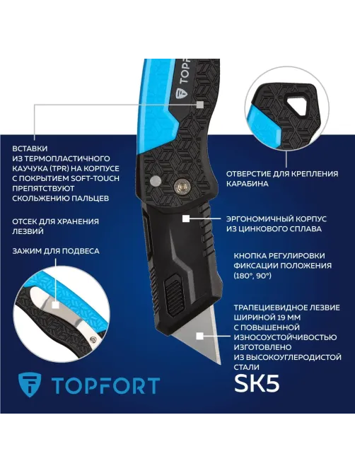 Нож универсальный Topfort складной пластик с выдв.лез. 19мм трап+2зап.лезв