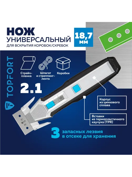Нож универсальный скребок+д/вскр.упак.матер. Topfort,цинк+TPR,3 зап.лезв