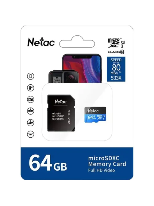 Карта памяти Netac MicroSD card P500 Standard 64GB, retail version w/SD
