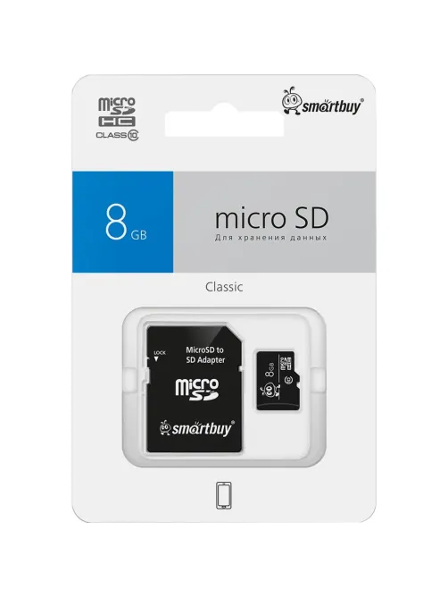 Карта памяти Smartbuy (SB8GBSDCL10-01)micro SDHC 8GB Сl.10 (с ад. SD)