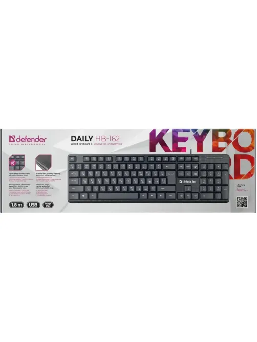 Клавиатура Defender Daily HB-162 RU проводн,черный,104кнопки+FN, 1.8м 45162