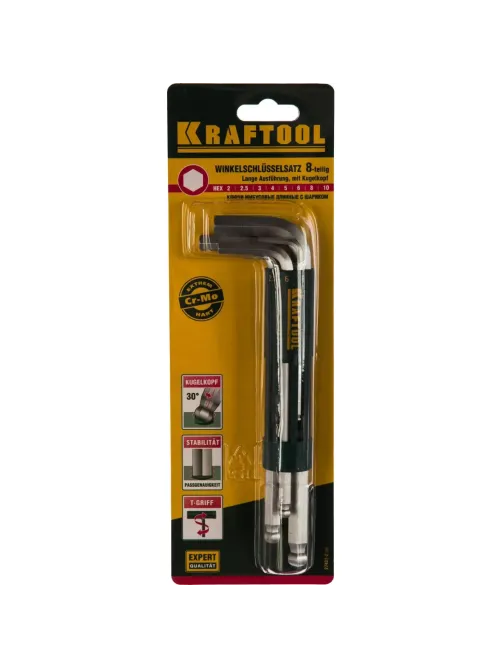 Набор ключей имбусовых KRAFTOOL,длинные с шариком,HEX 2-10мм, 8пред 27431-2