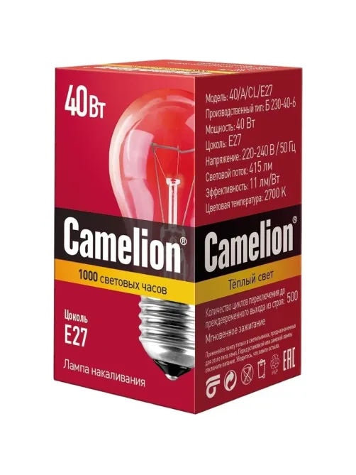 Лампа накаливания Camelion 40/A/CL/E27 40Вт Е27 гр