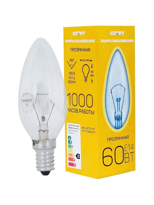 Лампа накаливания СТАРТ свеча/прозрачная 60W E14