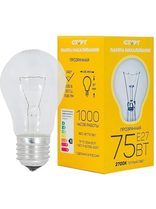 Лампа накаливания СТАРТ стандартная/прозрачная 75W E27