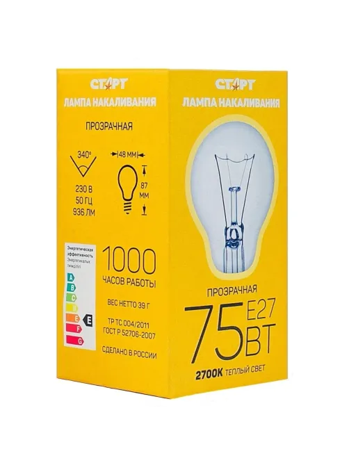 Лампа накаливания СТАРТ стандартная/прозрачная 75W E27