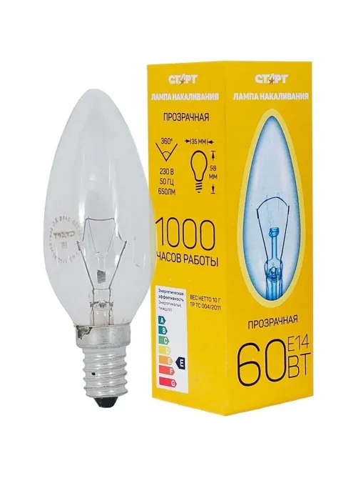 Лампа накаливания СТАРТ свеча/прозрачная 60W E14