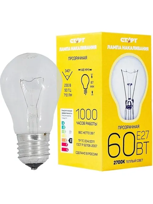 Лампа накаливания СТАРТ стандартная/прозрачная 60W E27