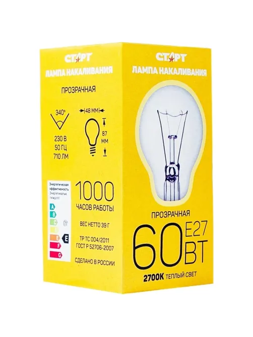 Лампа накаливания СТАРТ стандартная/прозрачная 60W E27