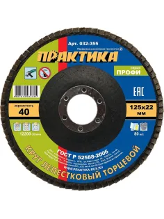 Круг лепестковый торцевой  ПРАКТИКА Профи d125х22.2мм, Р40, КЛТ1 (032-355)