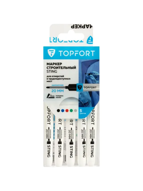 Набор маркеров строительных Topfort 1 мм с длинным наконечником 5 цв