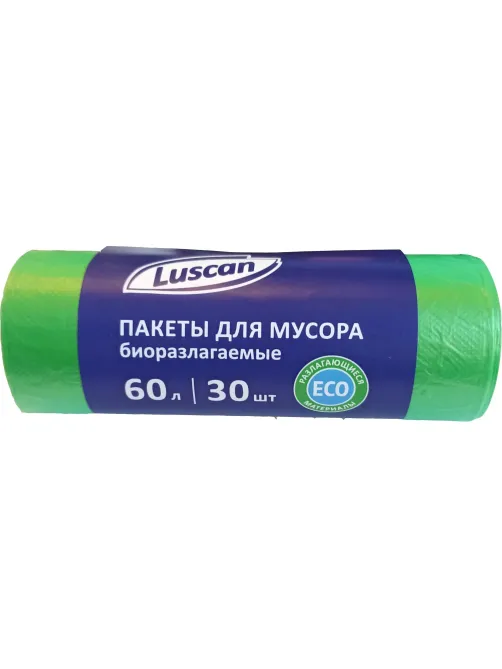 Мешки для мусора ПНД 60л 12мкм 30шт/рул зеленые 58x68см Luscan Bio