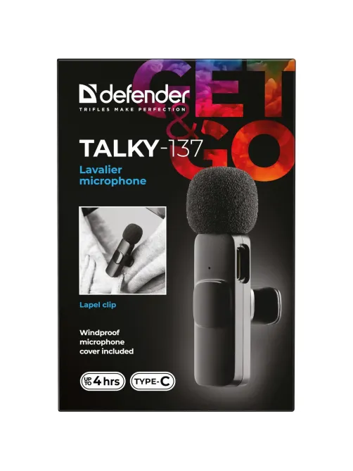 Микрофон Defender Talky-137 wrls, петличный, черный, на прищепке, 1шт