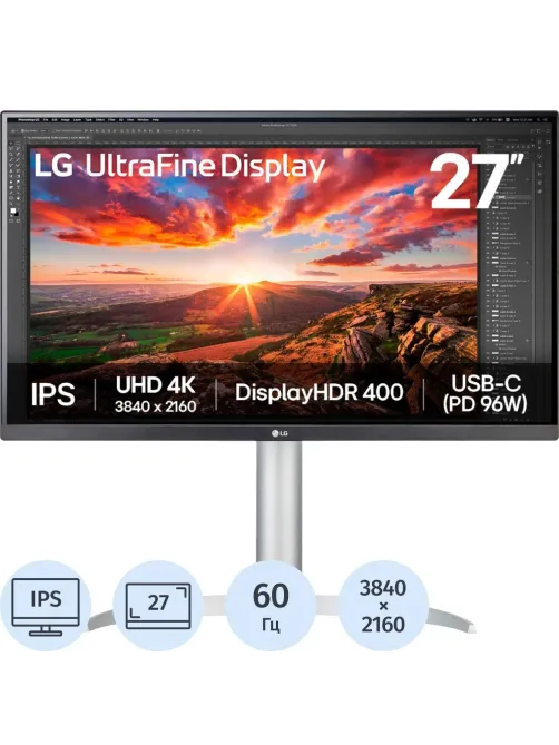 Монитор LG 27 27UP850K-W IPS 4K  HDMI DP USB M/M HAS 60Hz 400cd Ex