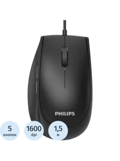 Мышь компьютерная Philips (SPK7327B/60)провод 5кн USB2.0 1600dpi бесш. черн