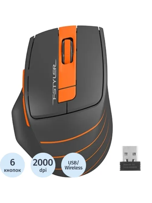 Мышь компьютерная A4 Fstyler FG30, беспроводная, 2000dpi, серый/оранжевый