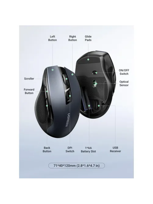 Мышь компьютерная Ugreen MU006 (90545) 2.4G 4000dpi/черный/WLS