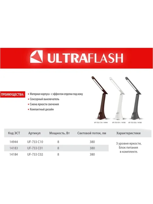 Светильник Ultraflash UF-733 C02 черный (Led,8Вт, 6500К, 3 ур. яркости)