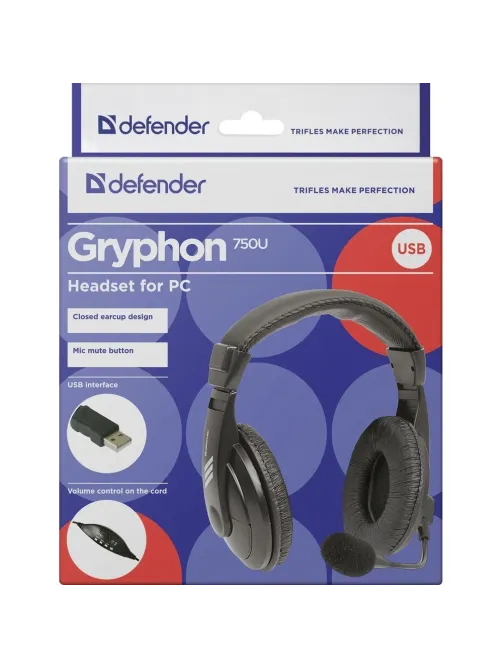 Гарнитура Defender Gryphon 750U USB, черный, 1.8м кабель