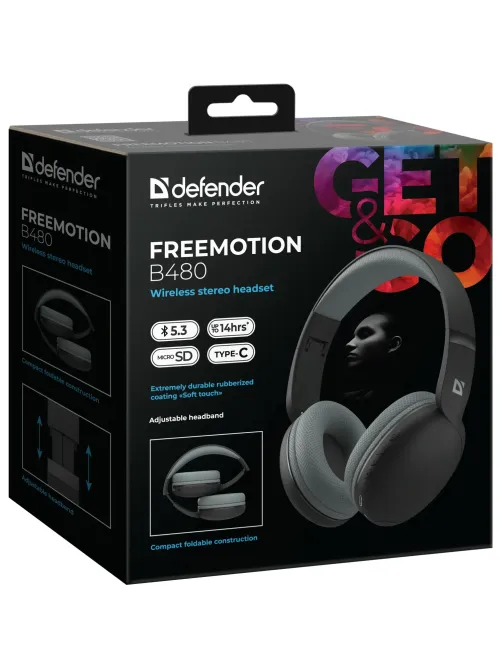 Наушники Defender FreeMotion B480 черный, микрофон, Bluetooth