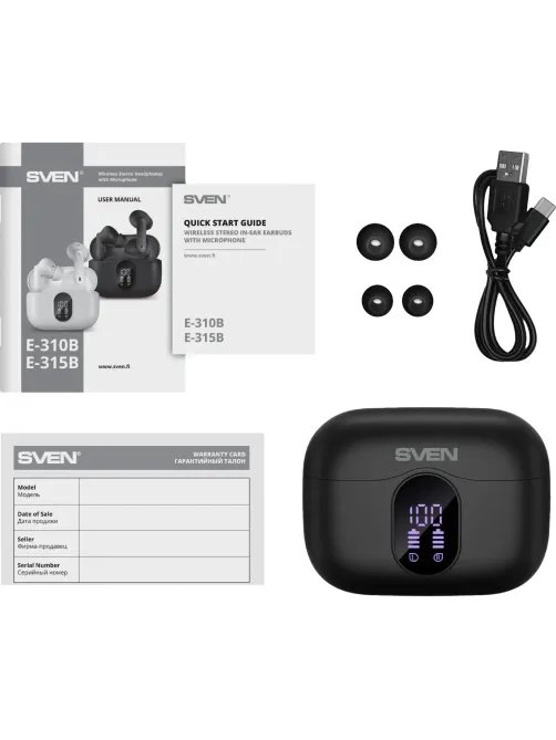 Наушники Sven E-315B, черный, Bluetooth, TWS, ANC, ENC