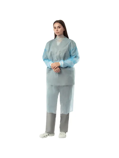 Халат н/с, на завязк, рук.манж, дл.140см, XXL,пл 25, голуб, 10 шт/уп