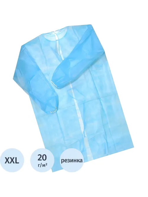 Халат н/с , на завязк, рук.рез, дл.110см, XXL, пл 20, голуб, 10 шт/уп