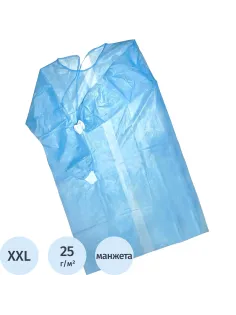 Халат н/с , на завязк, рук.манж, дл.110см, XXL,пл 25, голуб, 10 шт/уп
