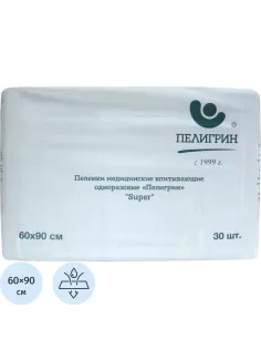 Пелёнка впитывающая Пелигрин 60х90см, Super, 30шт/уп (М60х90/30S)