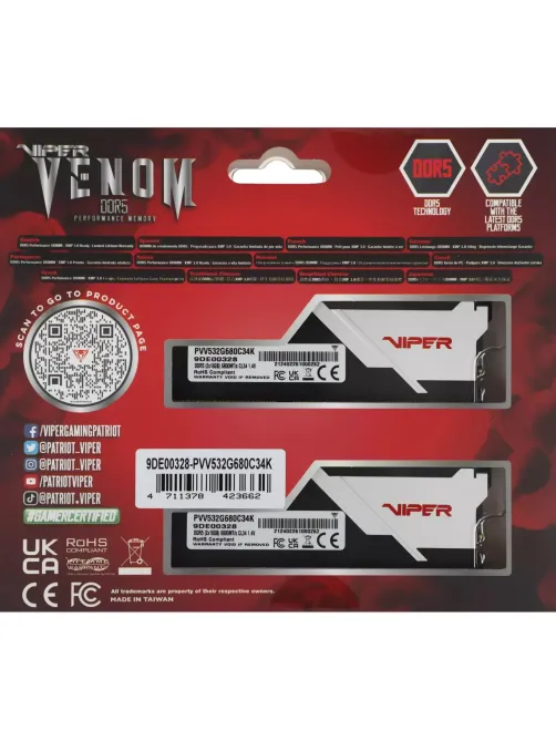 Модуль памяти Patriot Viper DDR5 DIMM 32GB(2x16Gb) 6800MHz (PVV532G680C34K)