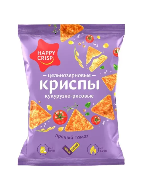 Чипсы Happy Corn цельно кукурузно рисовые,пряный томат,без жарки 50гx18ш/УП