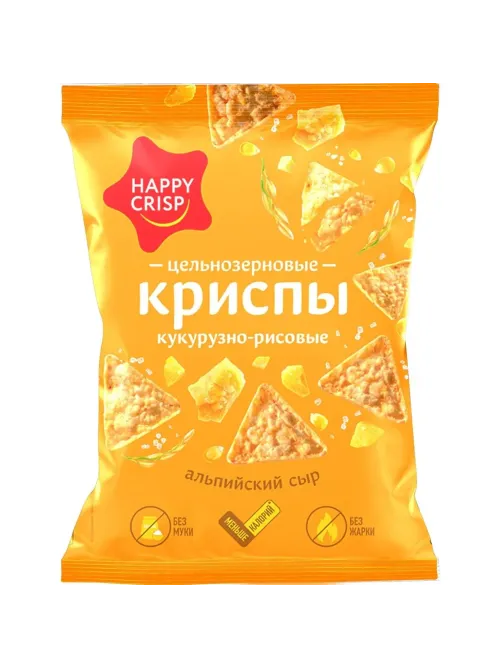 Чипсы кукурузно-рисовые HAPPY CRISP цельнозернов альпийск сыр, 50гx18шт/уп