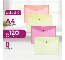 Папка-конверт на кнопке Attache Neon А4 180мкм 8шт/уп оранж,жлт,салат,роз