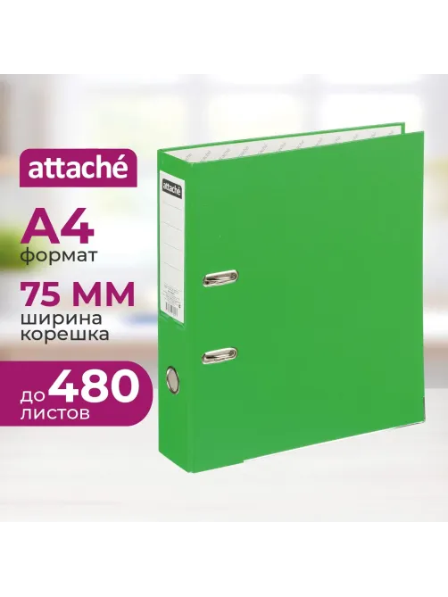 Папка-регистратор 75мм Attache А4, зеленая,  тиснение кожа, метал. угол