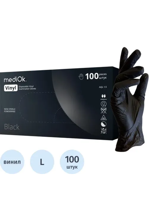 Перчатки виниловые одноразовые, н/о, черн. MediOk (L), 50п/уп 4гр.,ПС