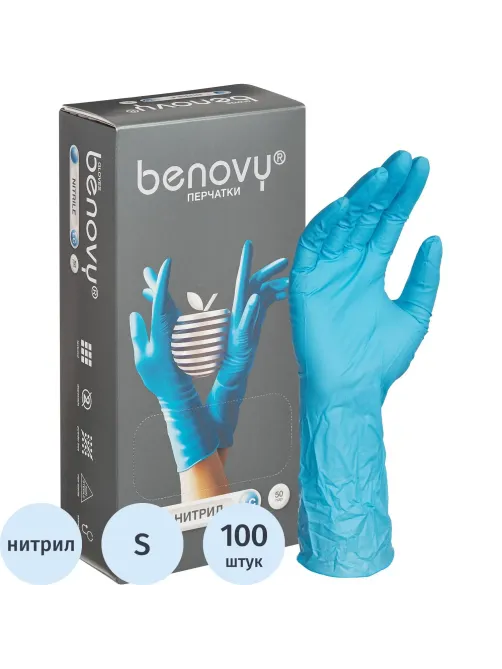 Перчатки нитрил, н/c, н/о, удлиненные, Benovy (S) 50п/уп, гол