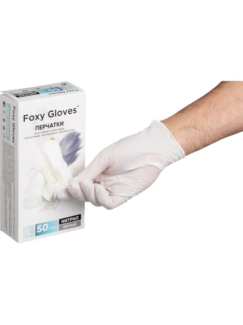Перчатки нитрил., н/с, н/о,3,5гр./шт,бел.FOXY  (L) 50 пар/уп ШК5669/8683